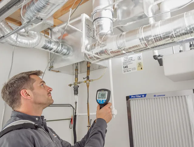 Acushnet Air Duct Cleaning expert conducting detailed filter system inspection using diagnostic tools in Acushnet
